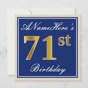 Elegant, Blue, Faux Gold 71st Birthday + Name Invitation