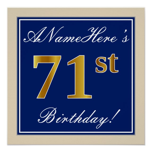 Elegant, Blue, Faux Gold 71st Birthday + Name Poster (Front)