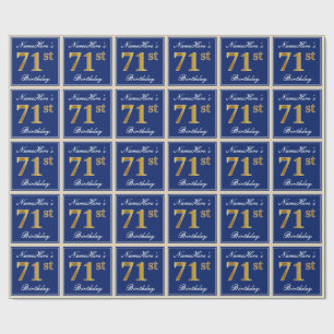 Elegant, Blue, Faux Gold 71st Birthday + Name Wrapping Paper
