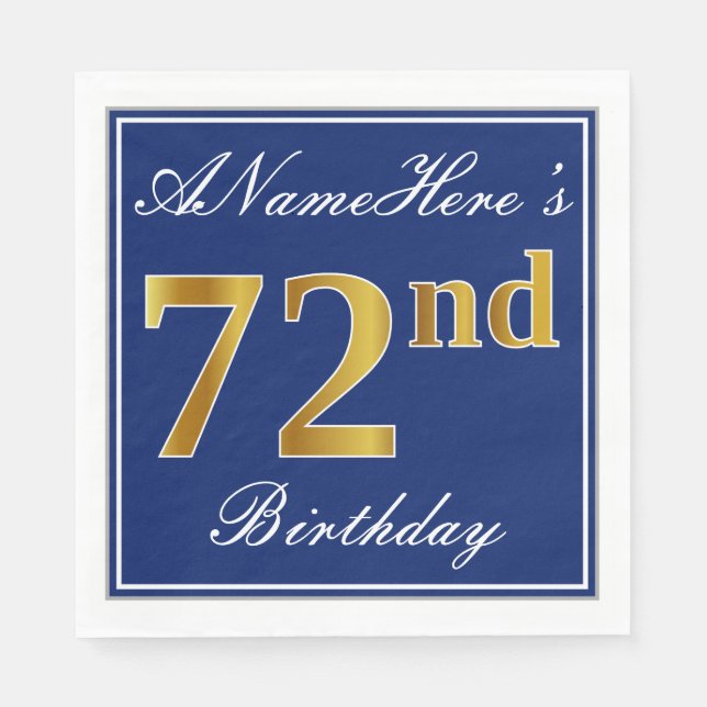 Elegant Blue, Faux Gold 72nd Birthday; Custom Name Napkin (Front)
