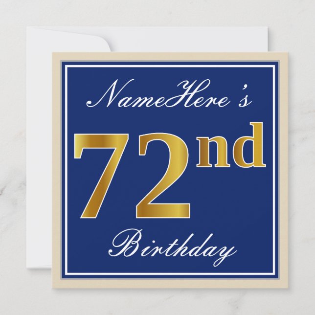 Elegant, Blue, Faux Gold 72nd Birthday + Name Invitation (Front)