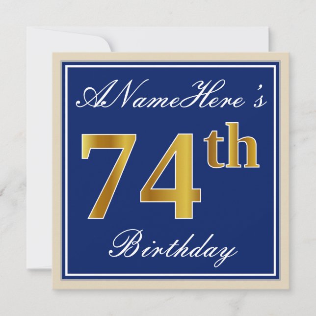 Elegant, Blue, Faux Gold 74th Birthday + Name Invitation (Front)