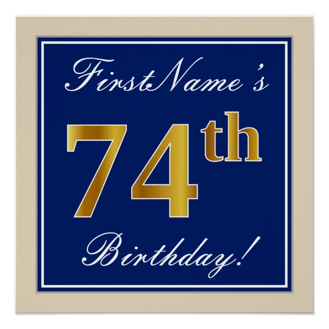 Elegant, Blue, Faux Gold 74th Birthday + Name Poster (Front)