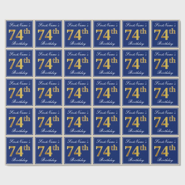 Elegant, Blue, Faux Gold 74th Birthday + Name Wrapping Paper (Flat)