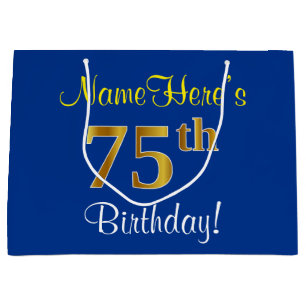 Elegant, Blue, Faux Gold 75th Birthday + Name Large Gift Bag