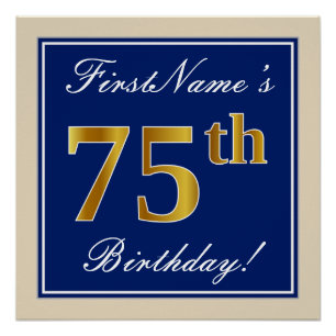 Elegant, Blue, Faux Gold 75th Birthday + Name Poster
