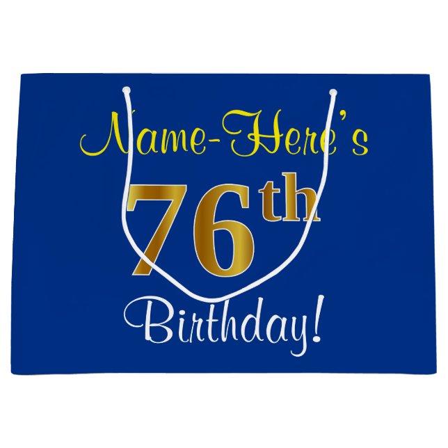 Elegant, Blue, Faux Gold 76th Birthday + Name Large Gift Bag (Front)