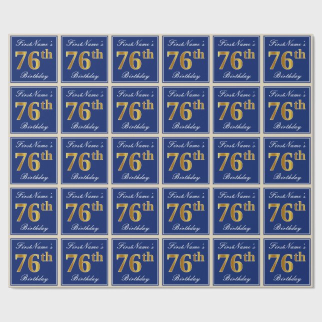 Elegant, Blue, Faux Gold 76th Birthday + Name Wrapping Paper (Flat)