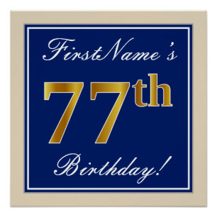 Elegant, Blue, Faux Gold 77th Birthday + Name Poster
