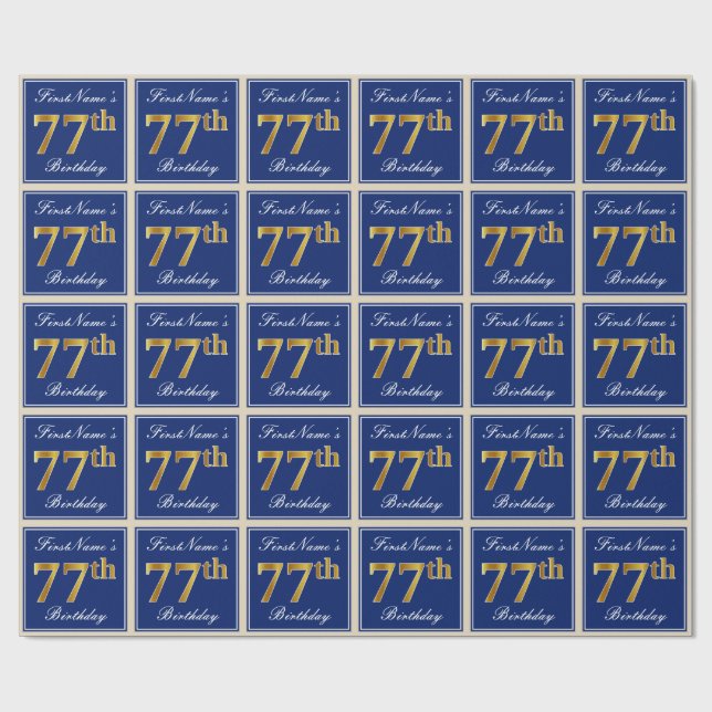 Elegant, Blue, Faux Gold 77th Birthday + Name Wrapping Paper (Flat)