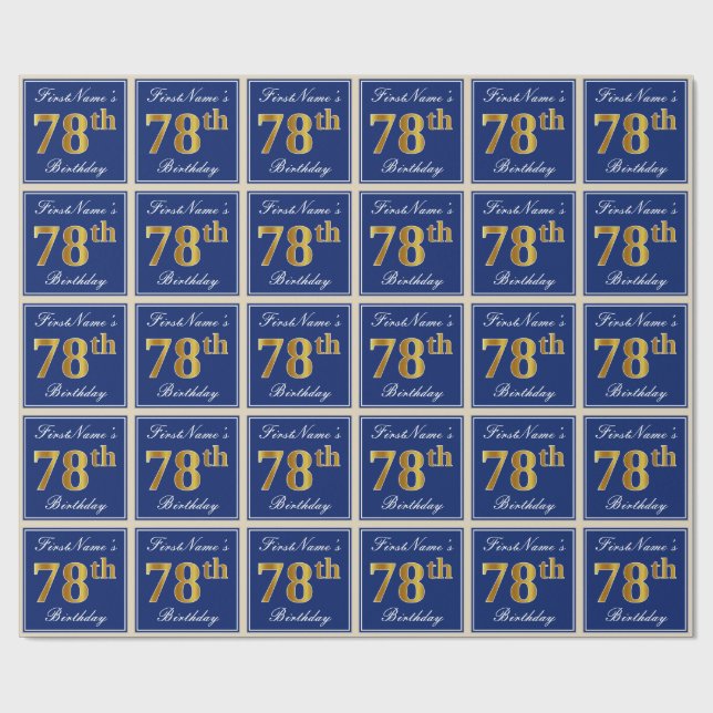 Elegant, Blue, Faux Gold 78th Birthday + Name Wrapping Paper (Flat)