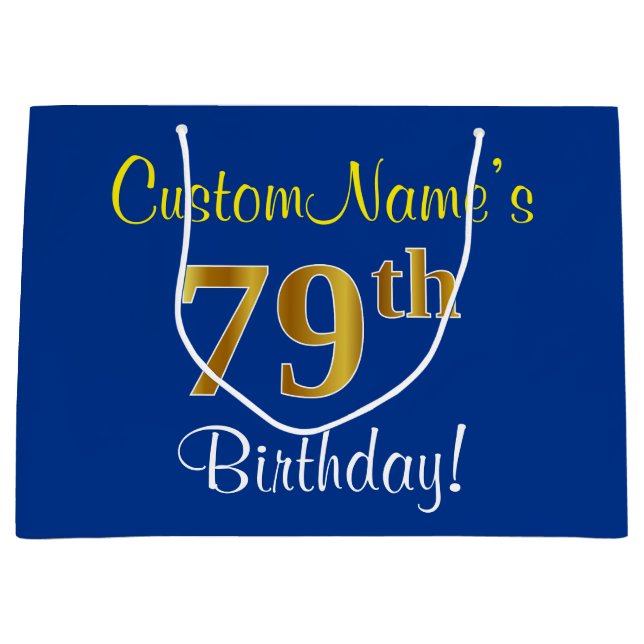 Elegant, Blue, Faux Gold 79th Birthday + Name Large Gift Bag (Front)