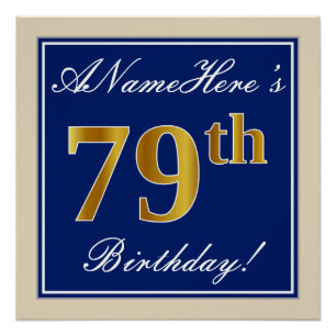Elegant, Blue, Faux Gold 79th Birthday + Name Poster