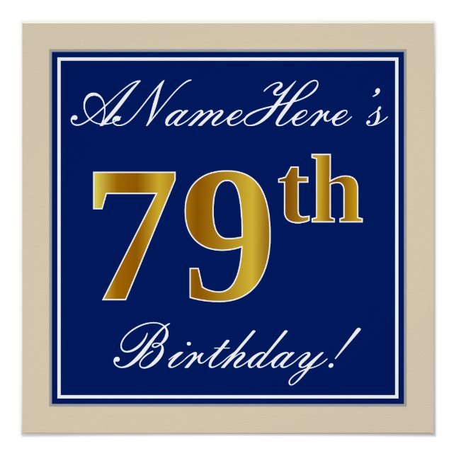 Elegant, Blue, Faux Gold 79th Birthday + Name Poster (Front)