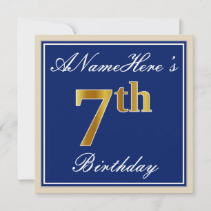 Elegant, Blue, Faux Gold 7th Birthday; Custom Name Invitation