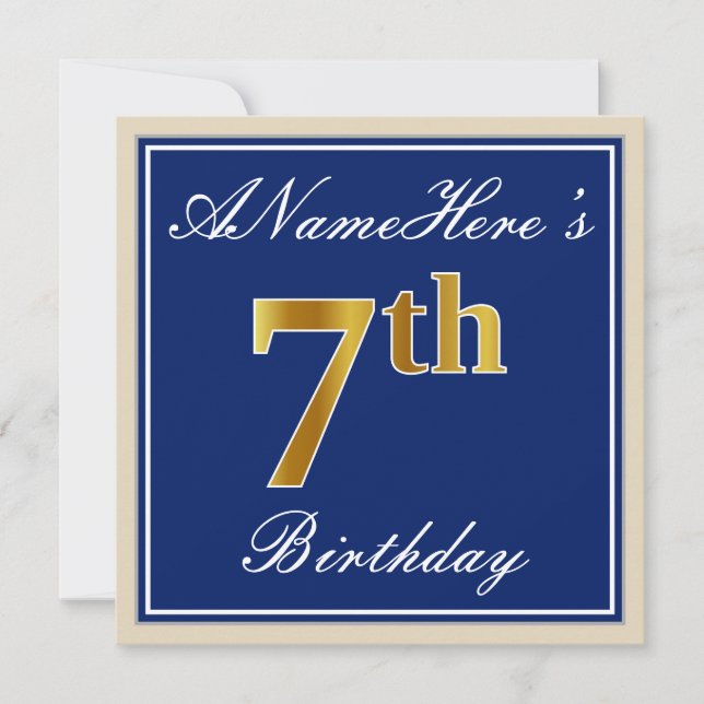 Elegant, Blue, Faux Gold 7th Birthday; Custom Name Invitation (Front)