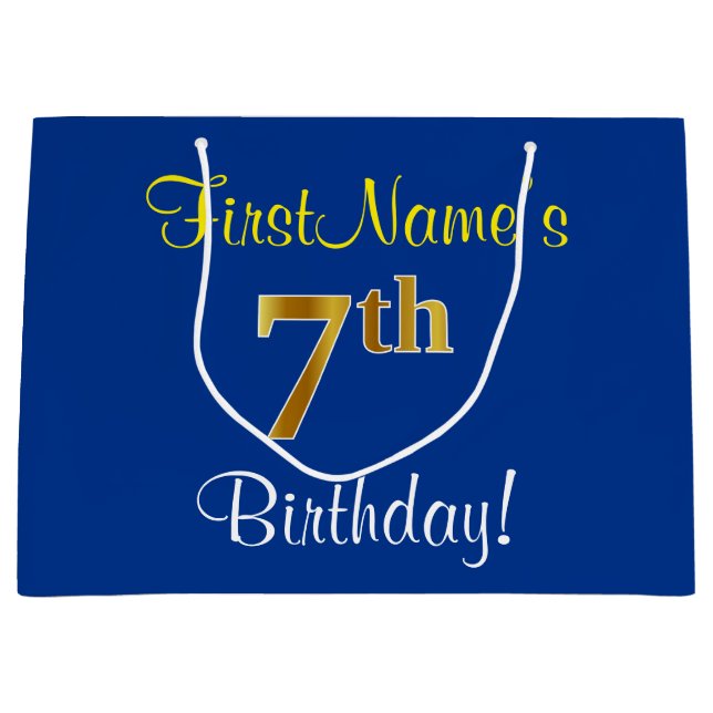 Elegant, Blue, Faux Gold 7th Birthday; Custom Name Large Gift Bag (Front)