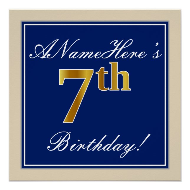 Elegant, Blue, Faux Gold 7th Birthday; Custom Name Poster (Front)