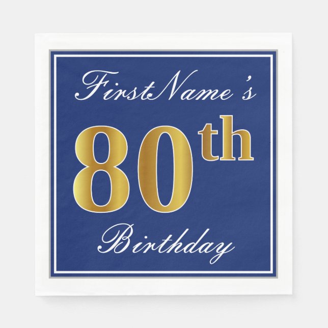 Elegant Blue, Faux Gold 80th Birthday; Custom Name Napkin (Front)