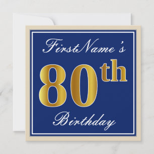 Elegant, Blue, Faux Gold 80th Birthday + Name Invitation