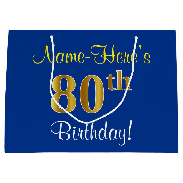 Elegant, Blue, Faux Gold 80th Birthday + Name Large Gift Bag (Front)