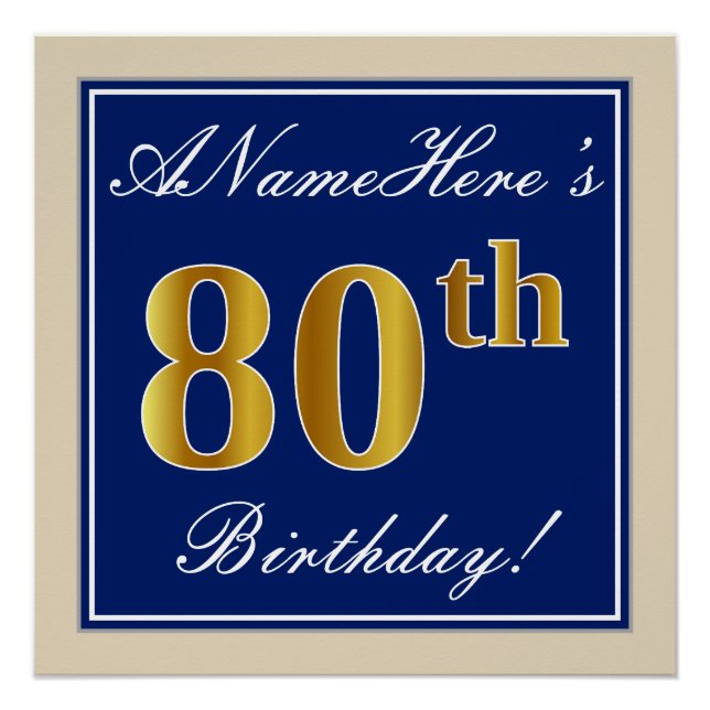 Elegant, Blue, Faux Gold 80th Birthday + Name Poster (Front)