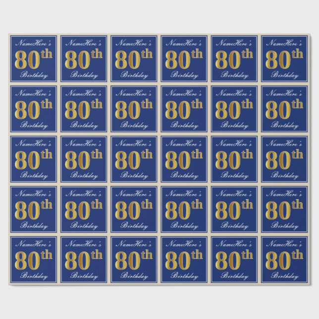 Elegant, Blue, Faux Gold 80th Birthday + Name Wrapping Paper (Flat)