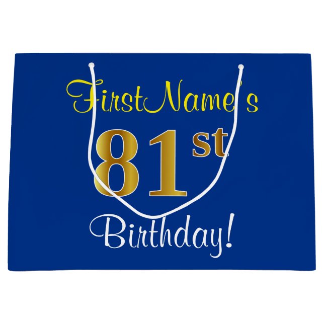 Elegant, Blue, Faux Gold 81st Birthday + Name Large Gift Bag (Front)