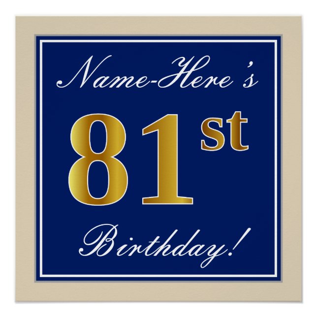Elegant, Blue, Faux Gold 81st Birthday + Name Poster (Front)