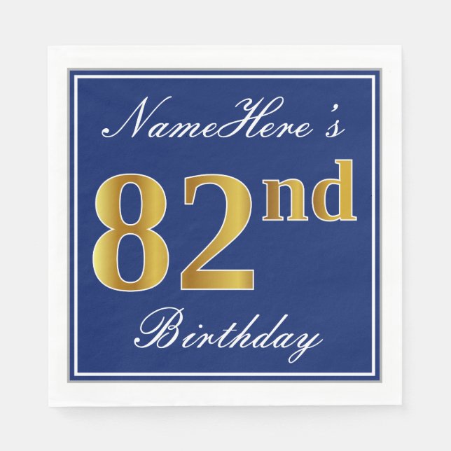 Elegant Blue, Faux Gold 82nd Birthday; Custom Name Napkin (Front)