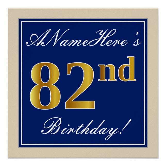 Elegant, Blue, Faux Gold 82nd Birthday + Name Poster (Front)