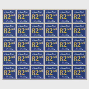 Elegant, Blue, Faux Gold 82nd Birthday + Name Wrapping Paper