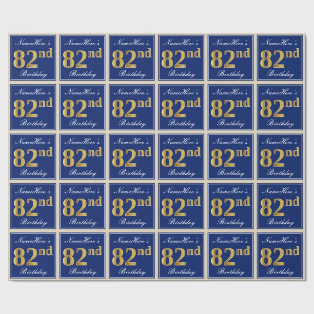 Elegant, Blue, Faux Gold 82nd Birthday + Name Wrapping Paper (Flat)