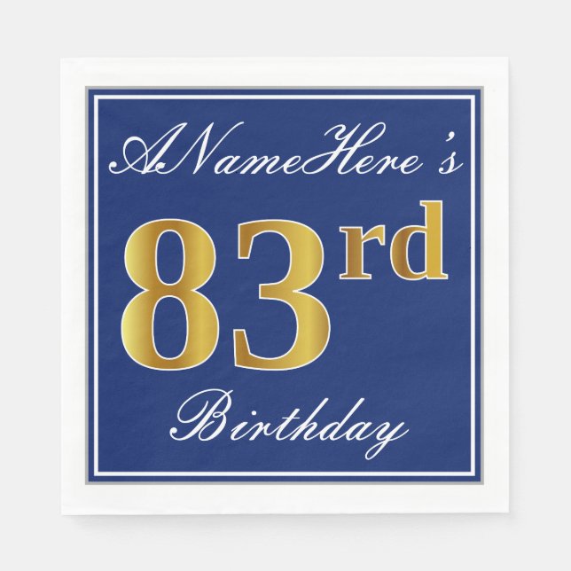 Elegant Blue, Faux Gold 83rd Birthday; Custom Name Napkin (Front)