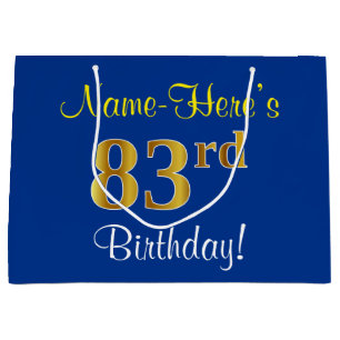 Elegant, Blue, Faux Gold 83rd Birthday + Name Large Gift Bag