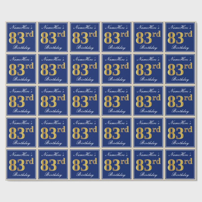 Elegant, Blue, Faux Gold 83rd Birthday + Name Wrapping Paper (Flat)