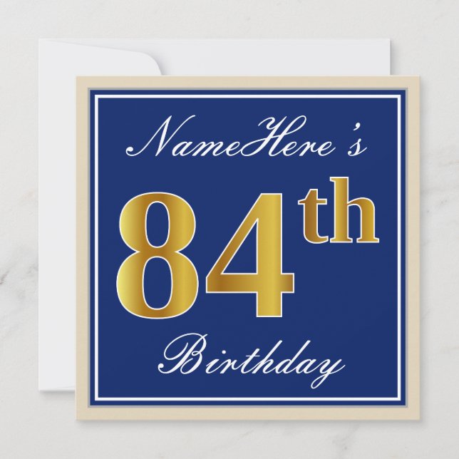 Elegant, Blue, Faux Gold 84th Birthday + Name Invitation (Front)