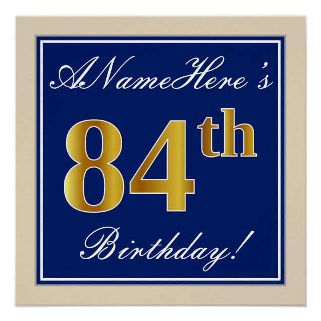 Elegant, Blue, Faux Gold 84th Birthday + Name Poster (Front)