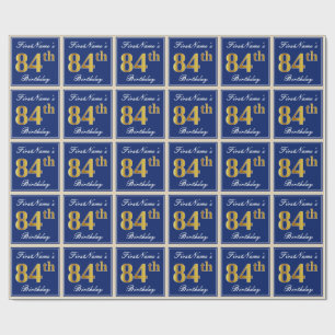 Elegant, Blue, Faux Gold 84th Birthday + Name Wrapping Paper