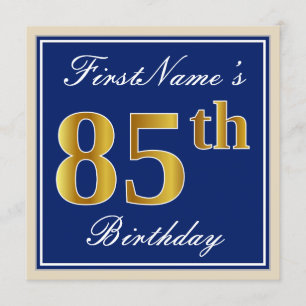 Elegant, Blue, Faux Gold 85th Birthday + Name Invitation