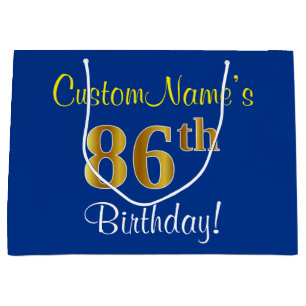 Elegant, Blue, Faux Gold 86th Birthday + Name Large Gift Bag