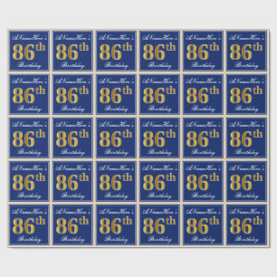 Elegant, Blue, Faux Gold 86th Birthday + Name Wrapping Paper