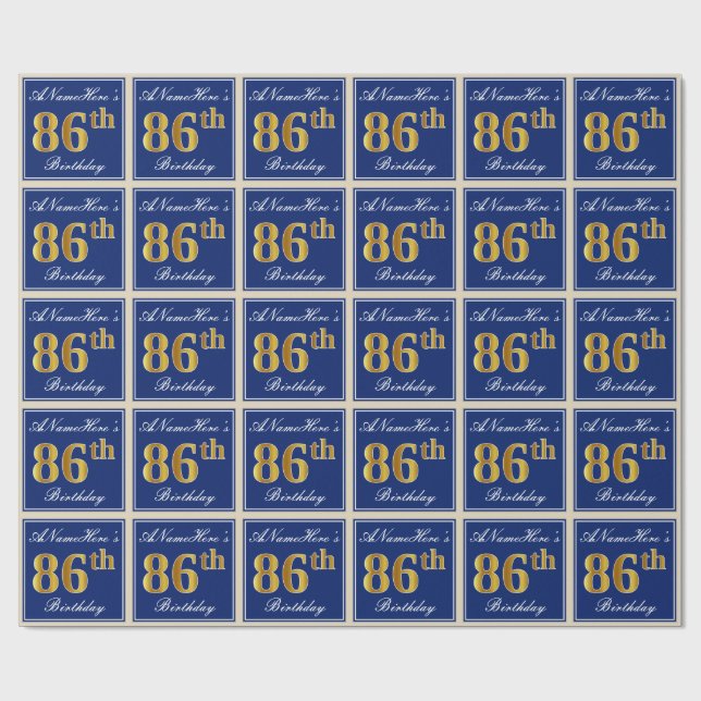 Elegant, Blue, Faux Gold 86th Birthday + Name Wrapping Paper (Flat)