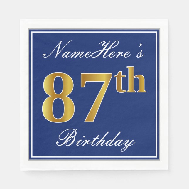 Elegant Blue, Faux Gold 87th Birthday; Custom Name Napkin (Front)