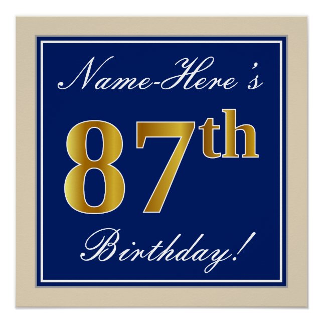 Elegant, Blue, Faux Gold 87th Birthday + Name Poster (Front)