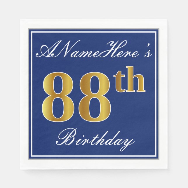 Elegant Blue, Faux Gold 88th Birthday; Custom Name Napkin (Front)