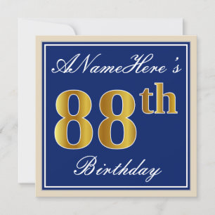 Elegant, Blue, Faux Gold 88th Birthday + Name Invitation
