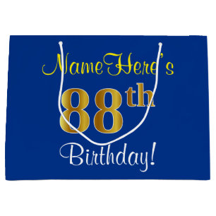 Elegant, Blue, Faux Gold 88th Birthday + Name Large Gift Bag