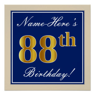 Elegant, Blue, Faux Gold 88th Birthday + Name Poster