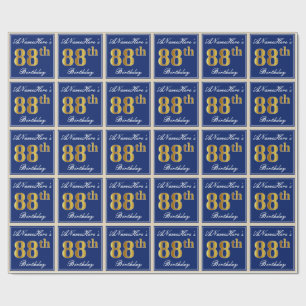Elegant, Blue, Faux Gold 88th Birthday + Name Wrapping Paper